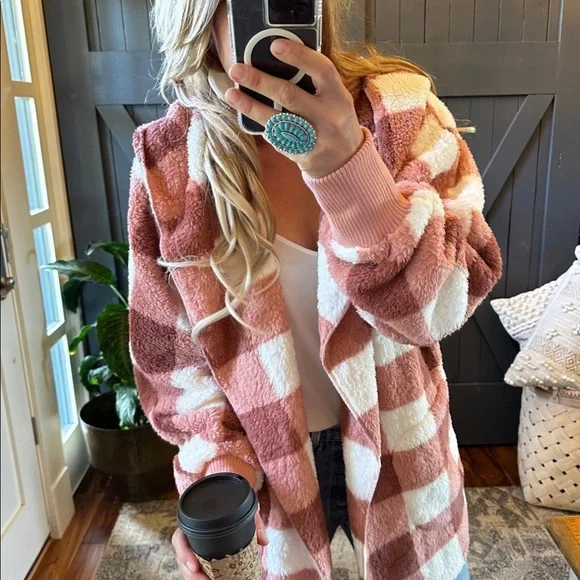 New Cozy Oversized Teddy Hooded Pink Plaid Cardigan Sweater Coat Western  Boho - Picture 6 of 9